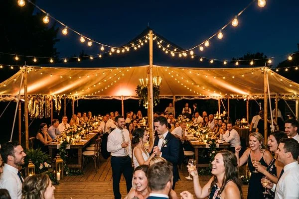 Backyard wedding tent festoon lights