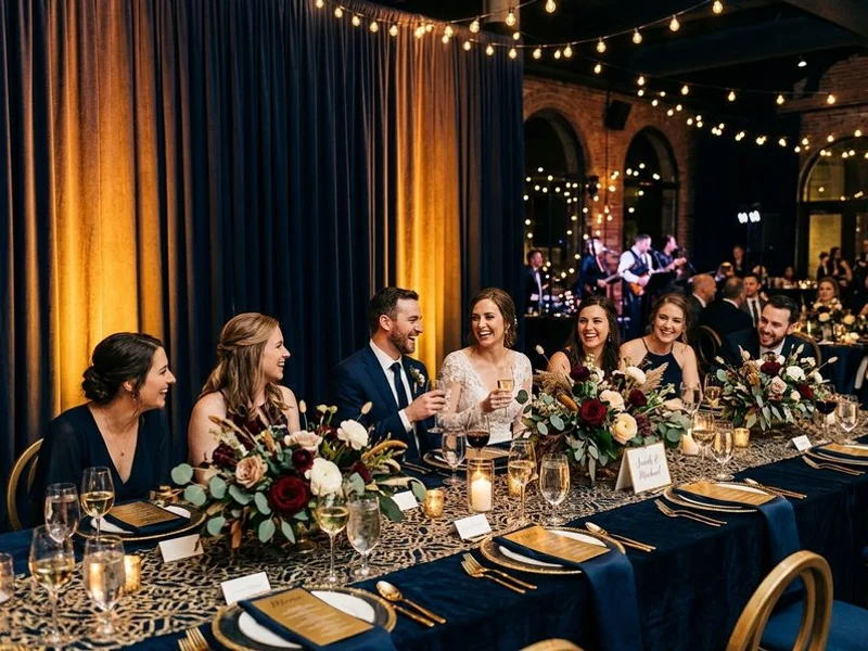 Head table with pin-spotted florals and amber uplighting