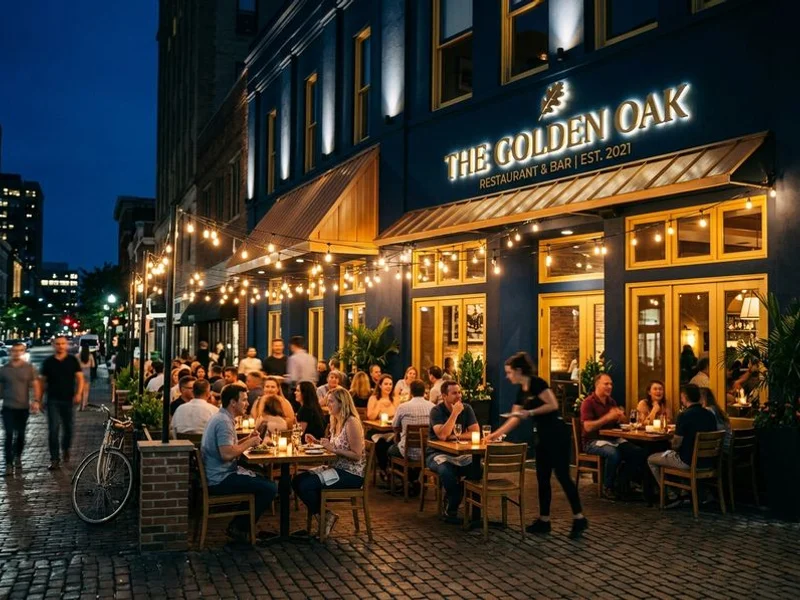 Restaurant patio with festoon string lights