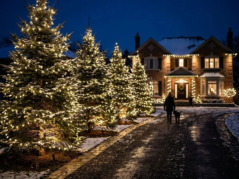 Warm white C9 LEDs on evergreen trees